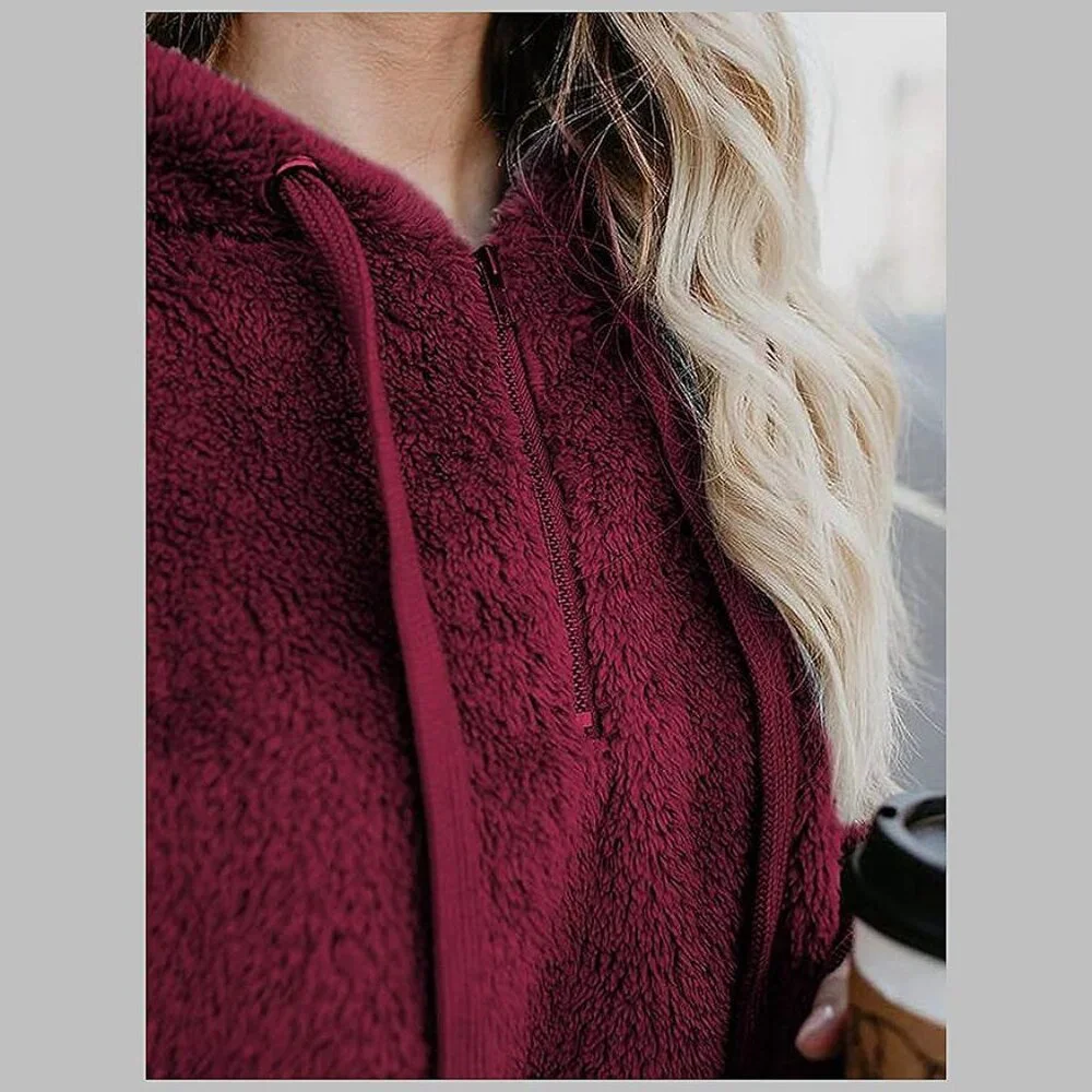 Women's Fuzzy Hoodies Sport Pullover Hoodie Wine Red - Picture 2 of 7